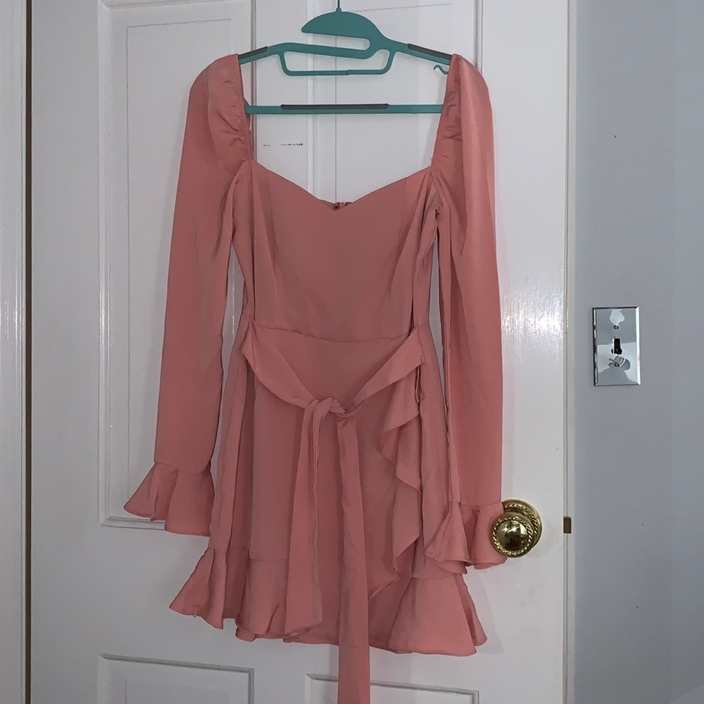 Blush Pink Mini Dress with Ruffle Hem and Tie Waist